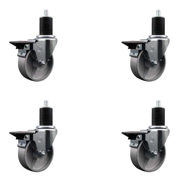 4'' Semi Steel Swivel 1-3/4'' Expanding Stem Caster Set with Brake, 4PK